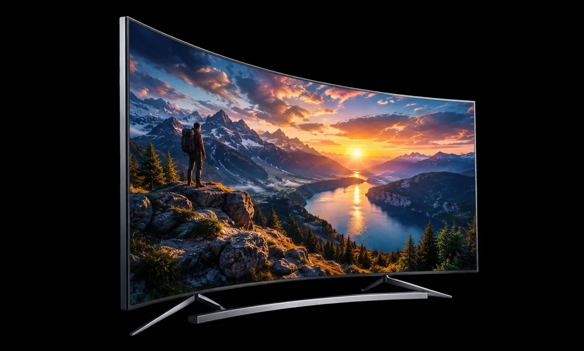 Televisor curvo mostrando un paisaje de montaña al atardecer
